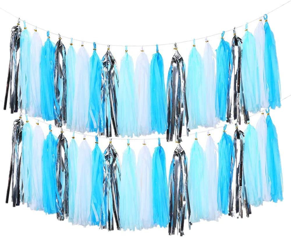 Tissue Paper Blue silver and silver and white tassel-(Blue silver & Silver)(1pc)