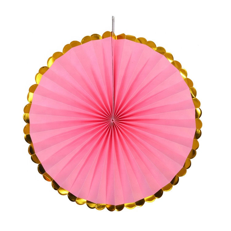 Thumbnail: Pink Party Fans Materials Round Paper Fans Golden Edges Pinwheel Decoration 6 pc