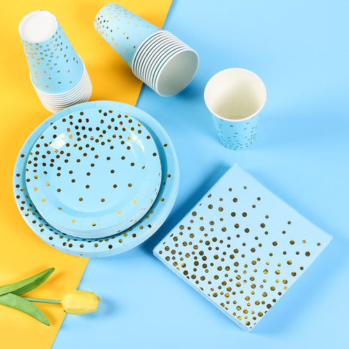 Thumbnail: Blue and Gold Foil Polka Dot Paper Cups / glasses 9 oz(10 pcs)