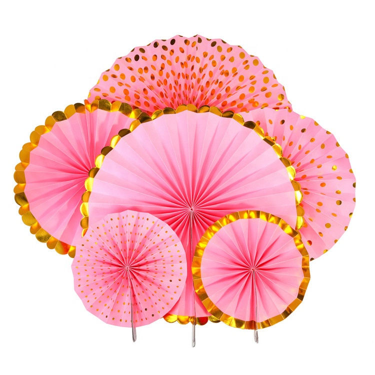 Pink Party Fans Materials Round Paper Fans Golden Edges Pinwheel Decoration 6 pc