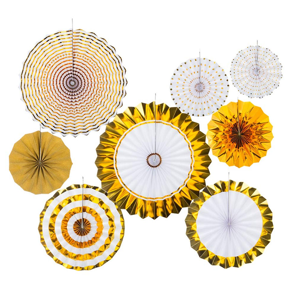 Thumbnail: Foil Gold White Pinwheel Backdrop Rosette  Paper Decoration Flowers Paper Fans