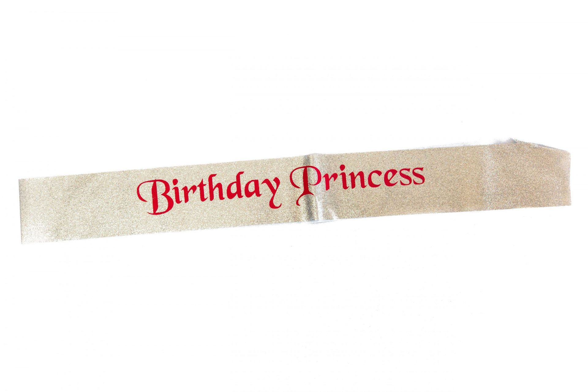 BIRTHDAY PRINCESS PRINT GLITTER SASH 1 pc (SILVER SASH WITH RED LETTERING)