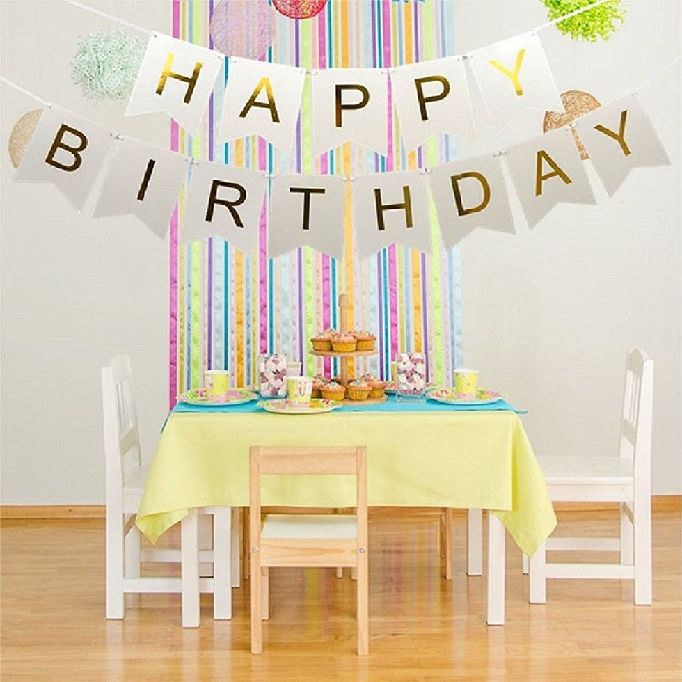 Thumbnail: Happy birthday bunting  curcive writing WHITE GOLD colour, FLAG SHAPE