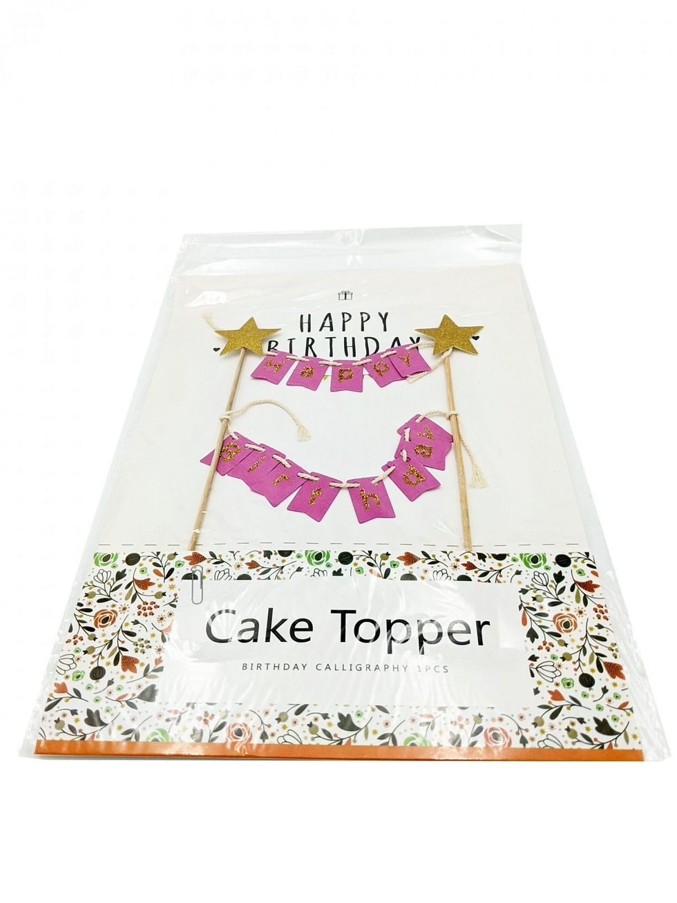Thumbnail: Happy Birthday Bunting Banner Cake Topper with Shiny Stars Pink