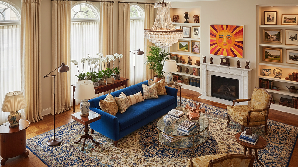 High angle view of elegant living room with layered lighting and personalized decor