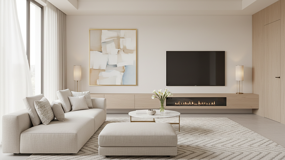Close-up view of modern minimalist living room with neutral colors and sleek furniture