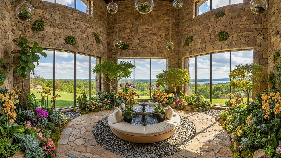 Wide angle view of indoor garden with natural stone walls and large windows