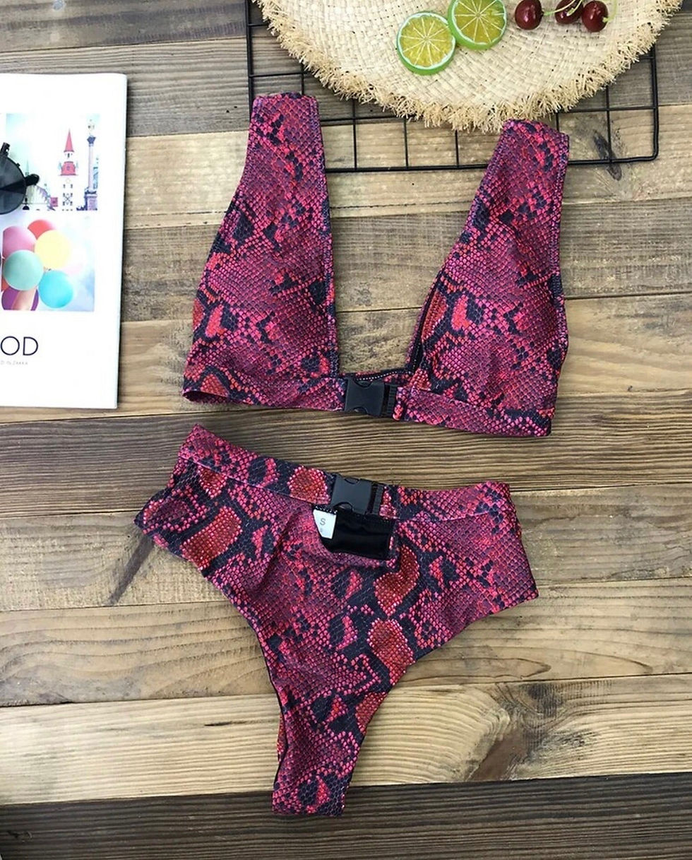 Thumbnail: High Waisted Burgundy Snake Print Buckle Up 2 Piece Cut-Out Swimsuit