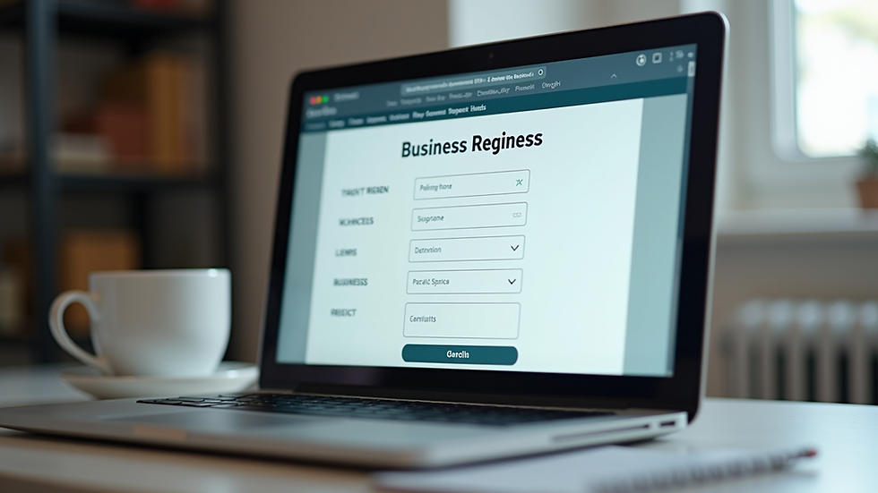 Eye-level view of a laptop screen showing an online form for business registration