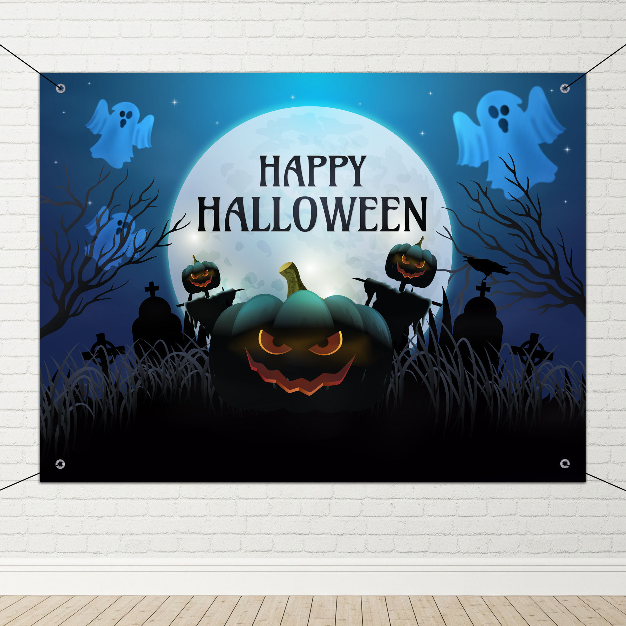 Halloween Decoration Flex Pack of 4 - Blue Flex (4x3ft), Hooks & Ribbon
