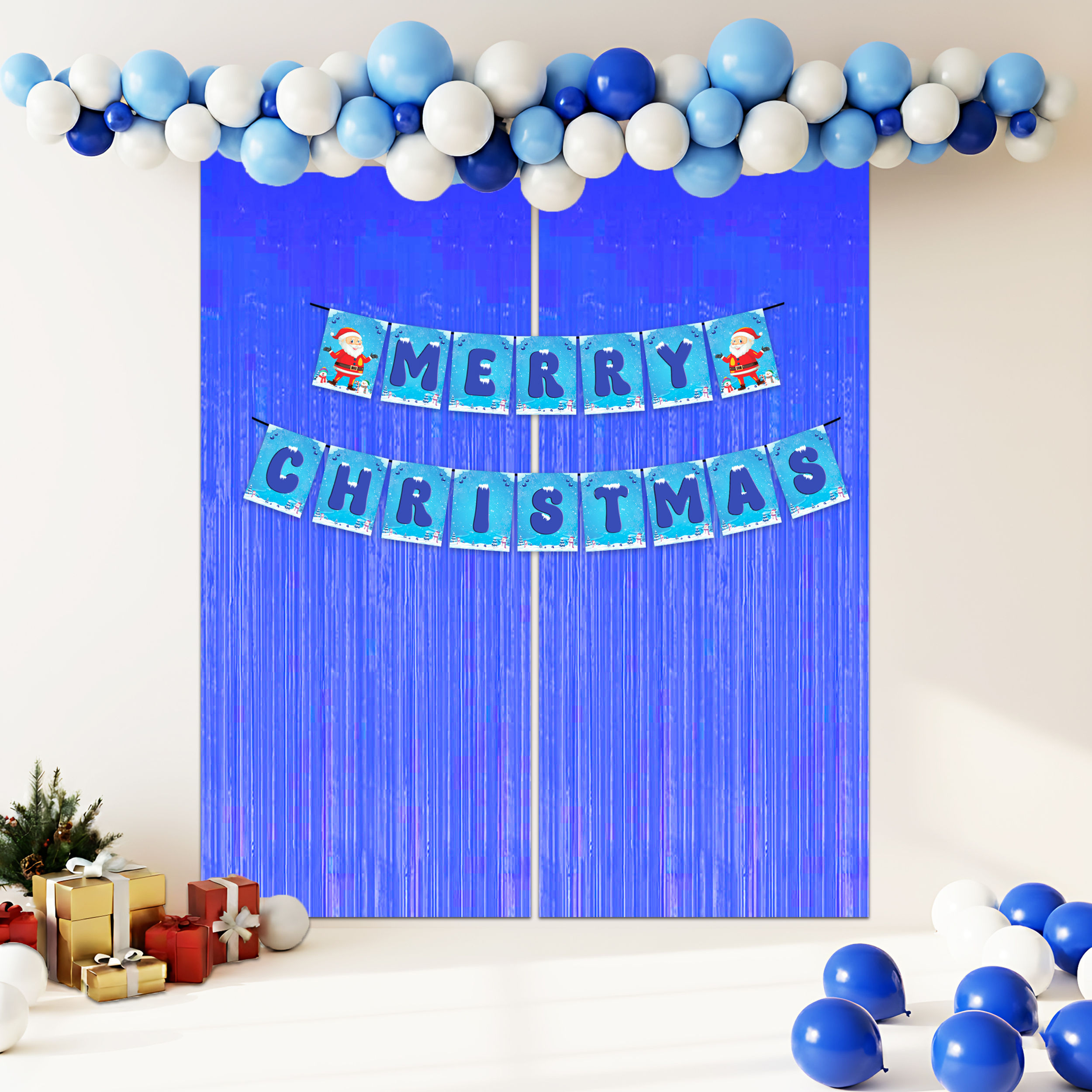 Christmas Combo 65pcs Blue Banner Foil Curtains Balloons Party Decor