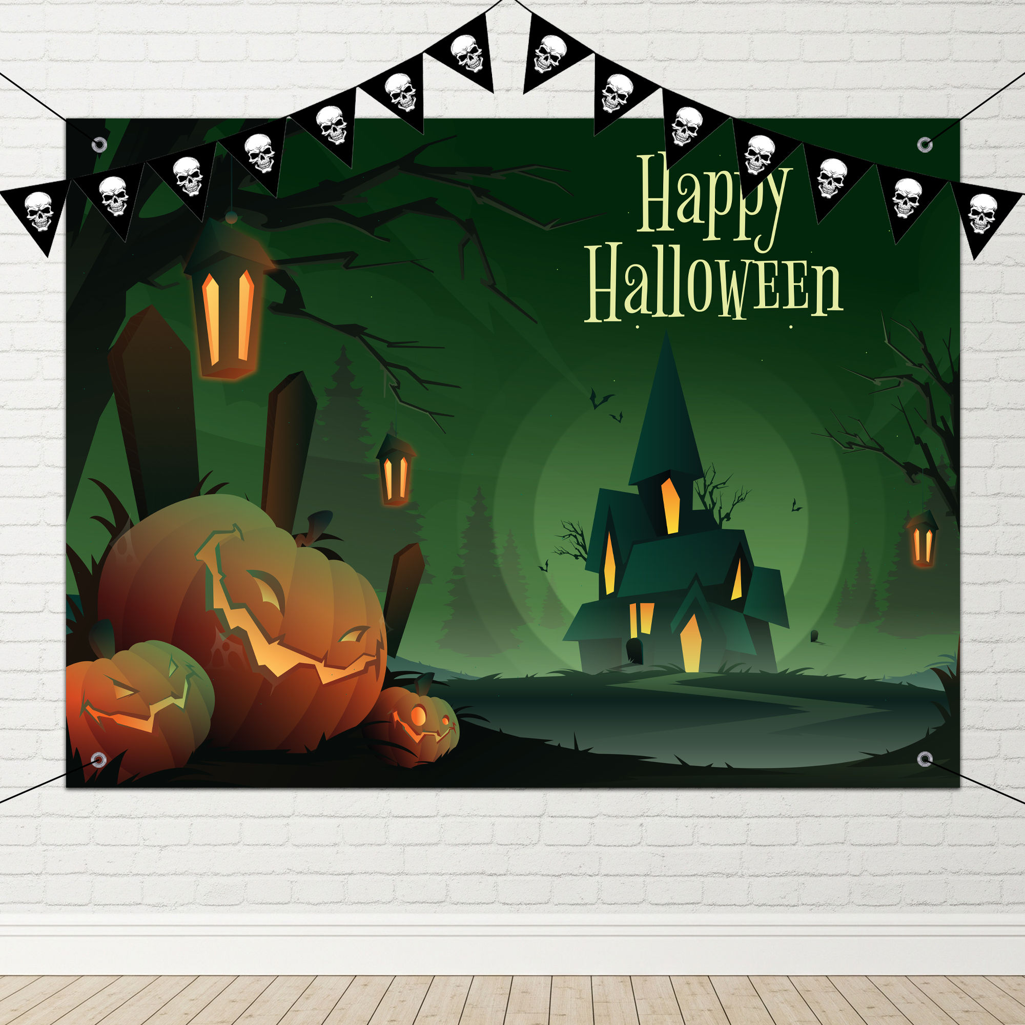 Halloween Flex Decoration Pack of 26 - Green Flex, Bunting Flags Hooks & Ribbon