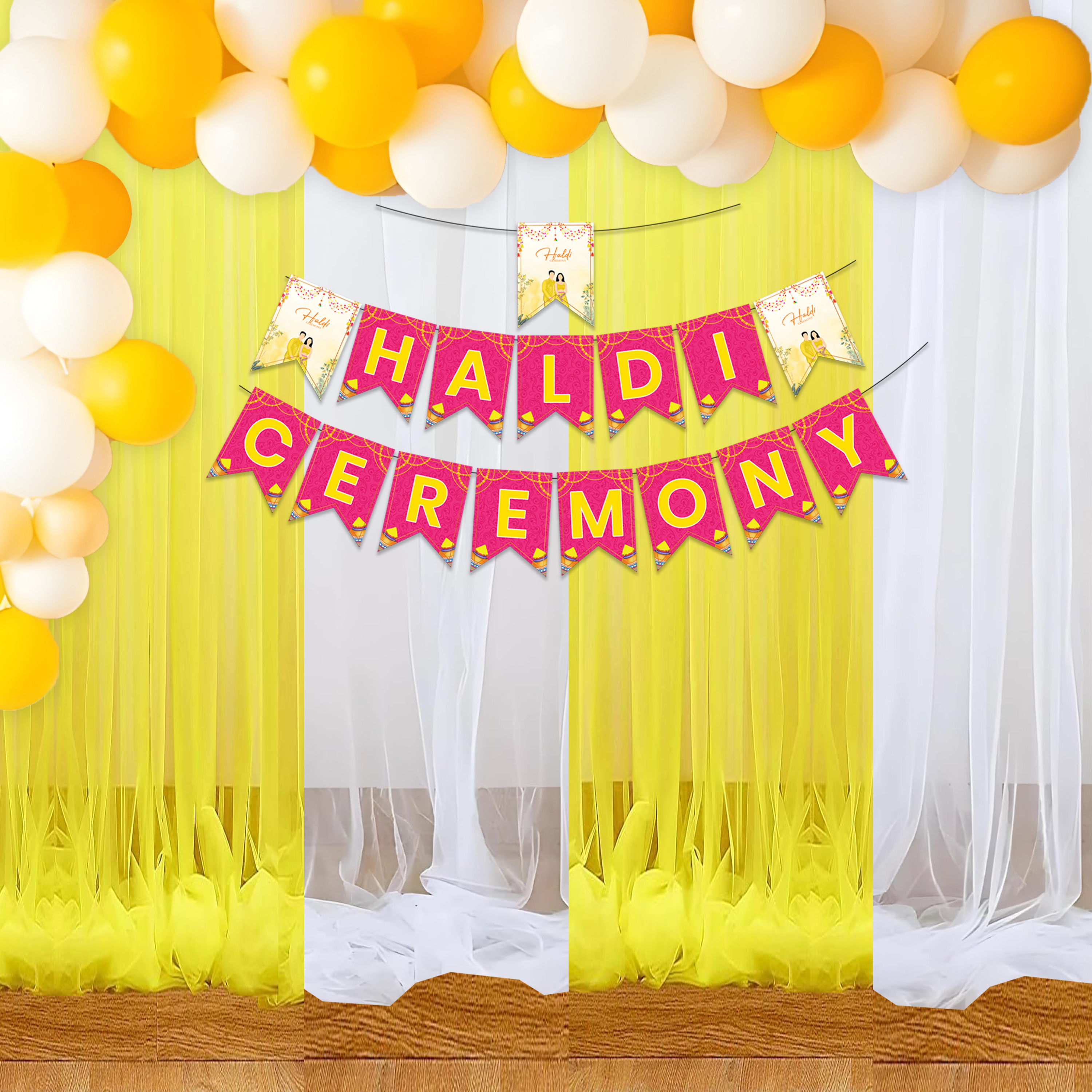 1iAM Haldi Decoration Combo Pack of 49,1pc Haldi Ceremony Banner, 40pcs Balloons