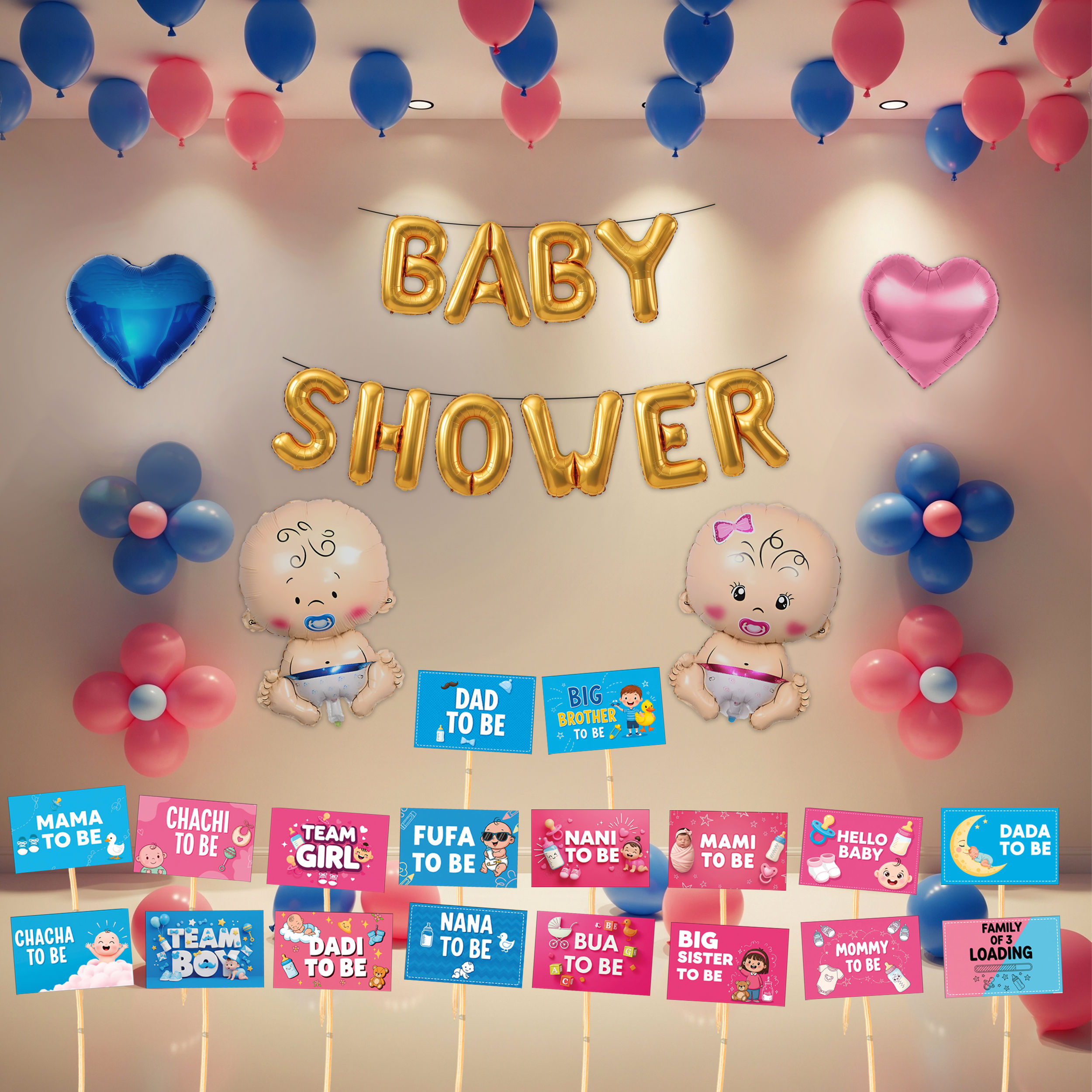 Baby Shower DecorationItems Pack of 64 -Foil Balloon,Balloons,Photobooth,Glue Do