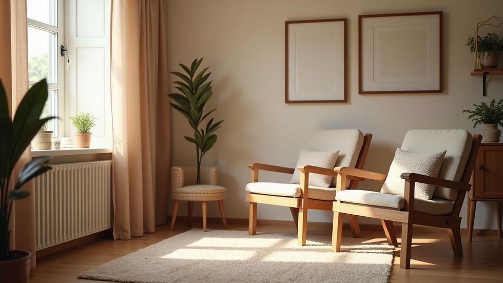 Eye-level view of a cozy therapy room with soft lighting and comfortable chairs