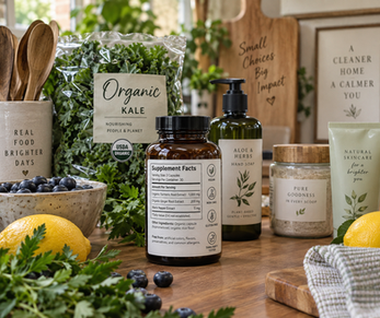 Organic food, supplements, and personal care products with a supplement bottle turned around to show its ingredient label.