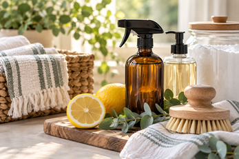 Amber glass cleaning bottles, lemon, eucalyptus, folded towels, and a wooden scrub brush arranged in a bright natural home setting.