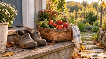 Muddy garden shoes beside a basket of freshly picked tomatoes and cucumbers in soft early-fall light.