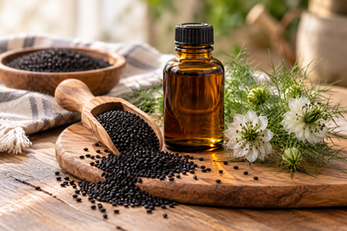Amber bottle of black seed oil with Nigella sativa seeds, white flowers, and a wooden scoop arranged on a rustic table.