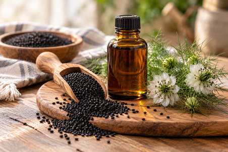 Amber bottle of black seed oil with Nigella sativa seeds, white flowers, and a wooden scoop arranged on a rustic table.
