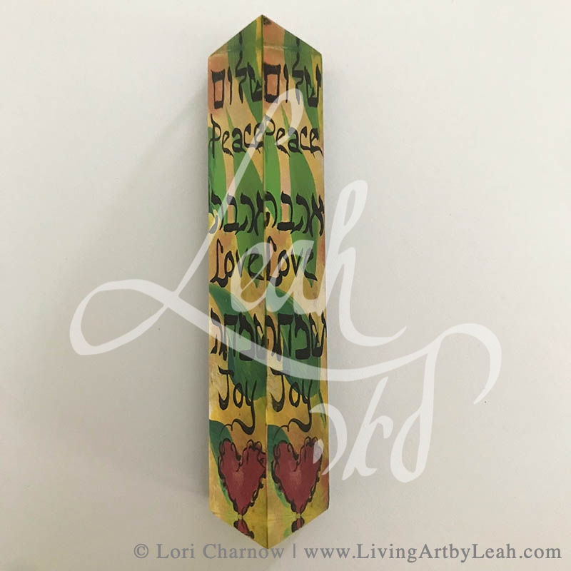 Thumbnail: Peace Love Joy with Heart Prism Mezuzah