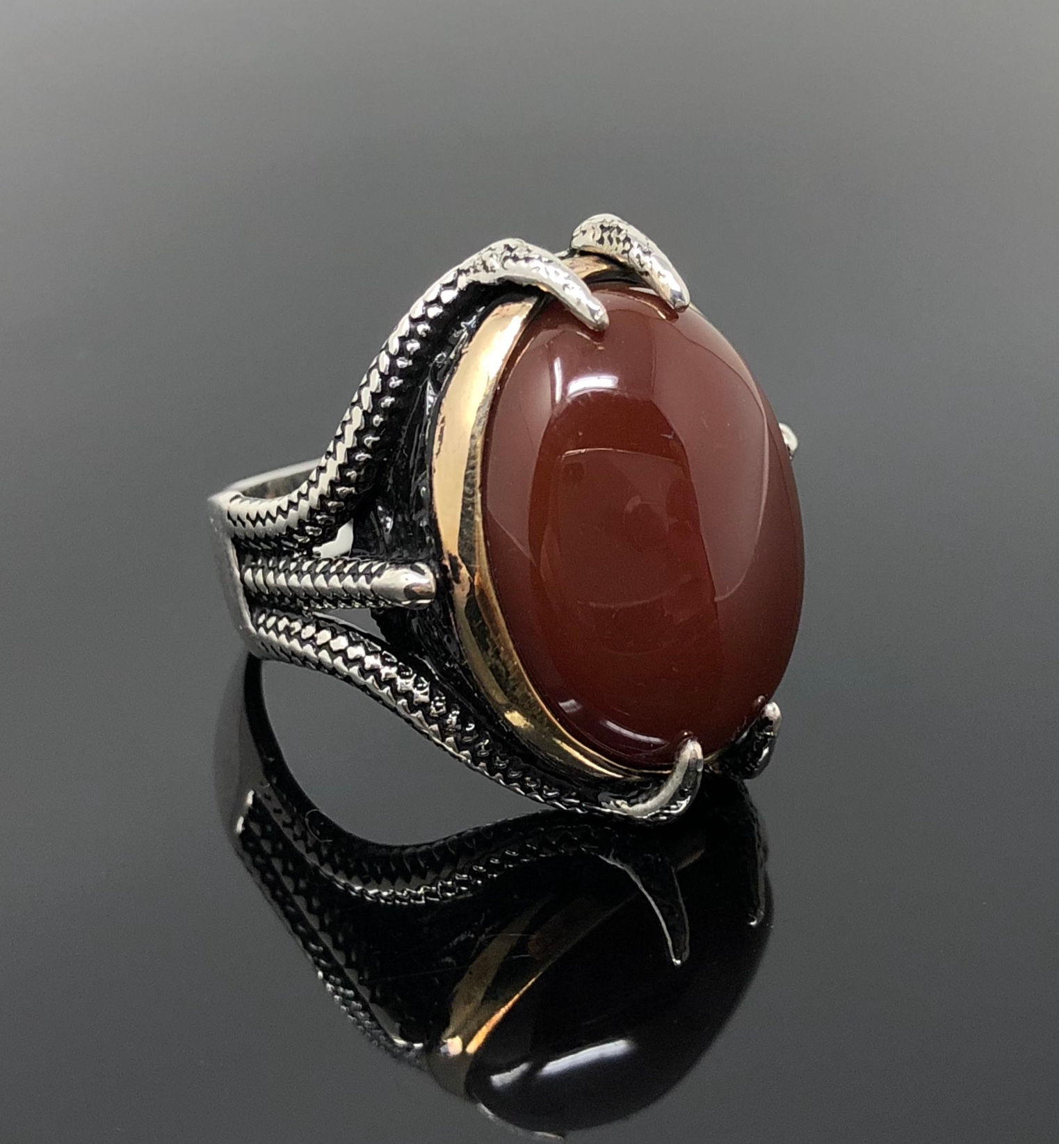 Handmade 925k Sterling Silver Red Agate Stone Claws Men's Ring