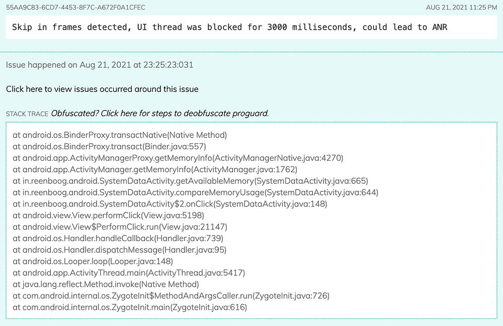 Screenshot of UI thread block issue report with exact line causing the issue.