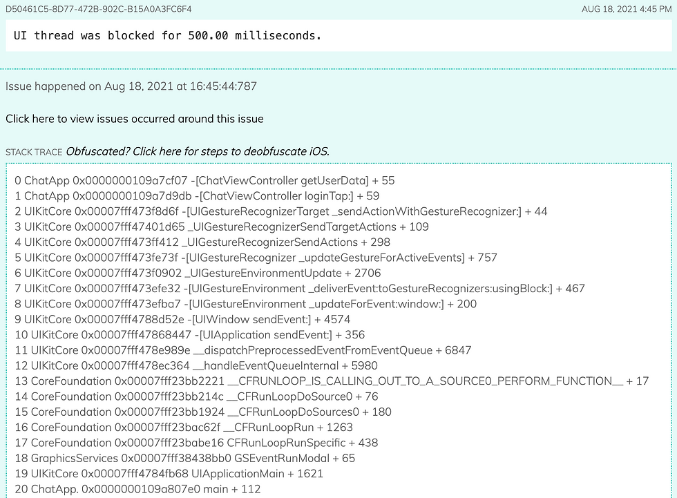 Screenshot of UI thread block issue report with exact line causing the issue.