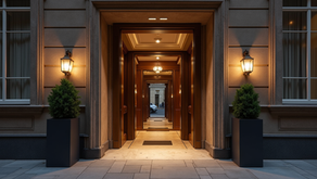 Luxury hotel entrance in Belgium with warm lighting and elegant architecture