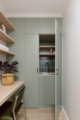 Custom study nook in Polytec Nordic Oak, with Laminex Bayleaf Euro Laundry