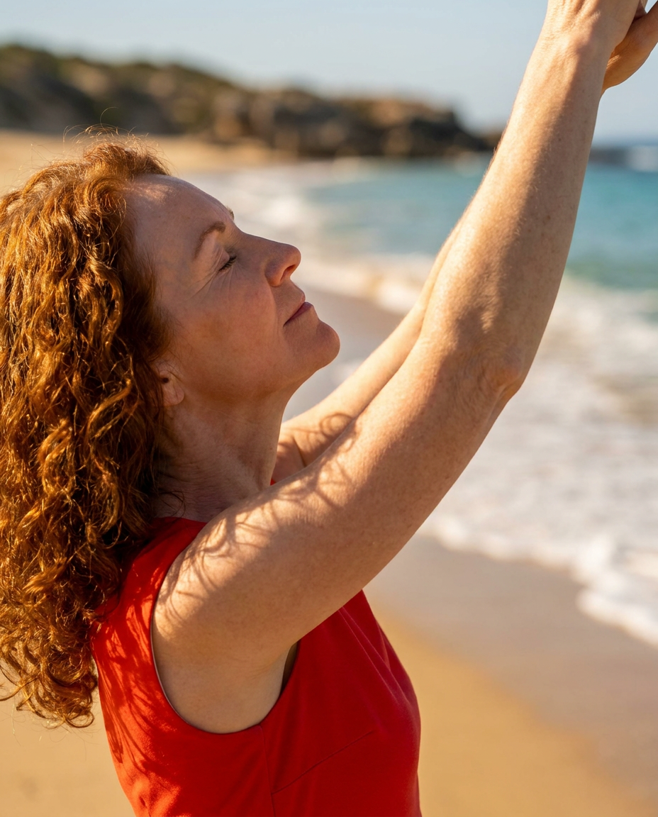 Femme aux cheveux bouclés levant les bras sur une plage.