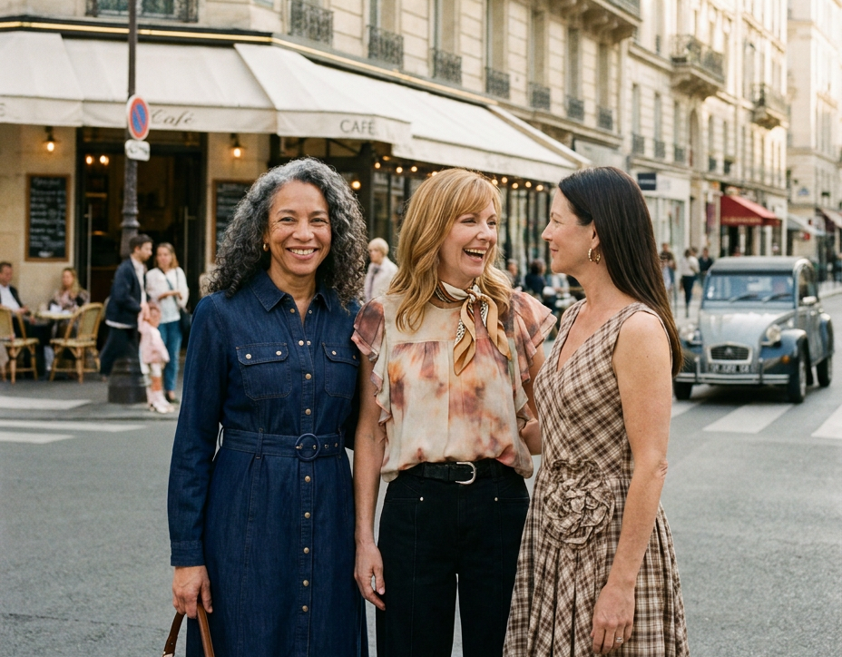 Trois femmes souriantes dans une rue de Paris.