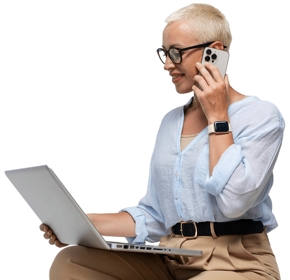 Smiling woman with short hair on phone, using laptop