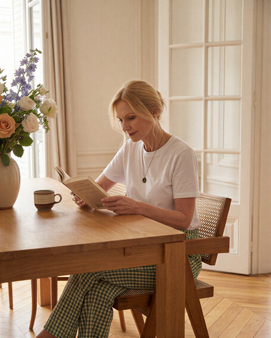 Femme lisant un livre à une table en bois.