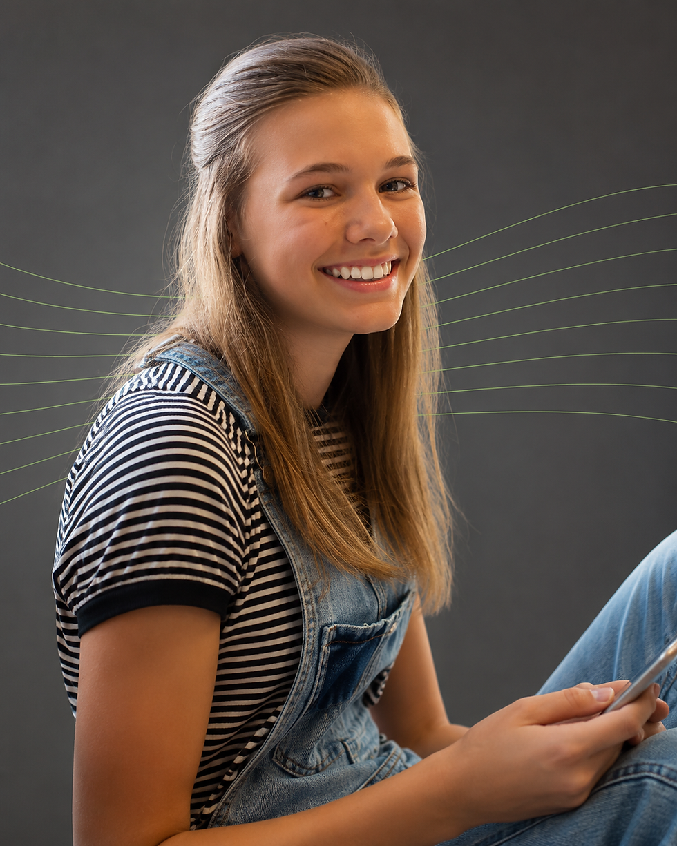 Étudiante souriante utilisant un cours comptabilité en ligne