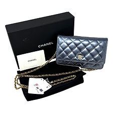 CHANEL 23C Metallic Blue Iridescent Lambskin Wallet on a Chain