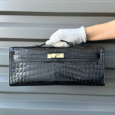 HERMES Kelly Cut Noir Black Shiny Niloticus Crocodile Permabrass HW