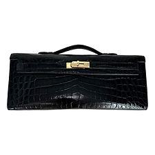 HERMES Kelly Cut Noir Black Shiny Niloticus Crocodile Permabrass HW