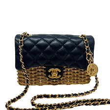 CHANEL 2023 Cruise Runway Black Lambskin & Gold Metal Woven Mini Bag