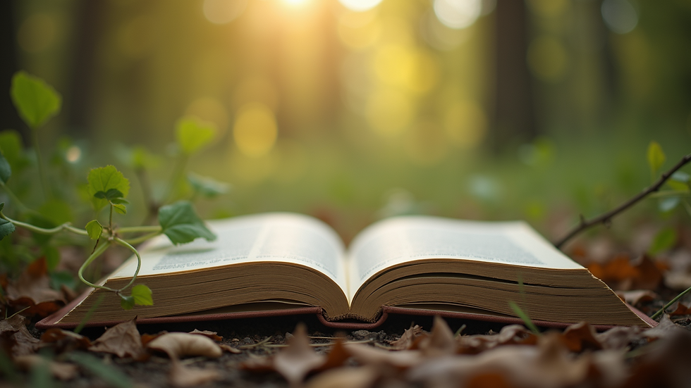Eye-level view of an open book surrounded by nature
