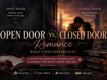 Graphic comparing Open Door vs Closed Door romance, with a couple at sunset, roses, books, and text about steam levels.