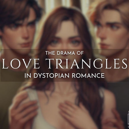 Three young adults in a tense moment. Title reads: "The Drama of Love Triangles in Dystopian Romance" by Josephine Lamont.