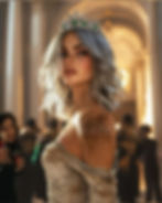 Woman with silver hair and jeweled crown in elegant dress, standing in ornate hall. Dim lighting, people in background with drinks.