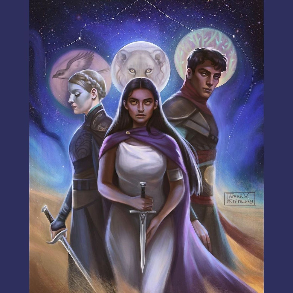 Three characters with swords, in a cosmic backdrop. A woman in purple cloak leads, flanked by others. Celestial symbols above, mysterious mood.