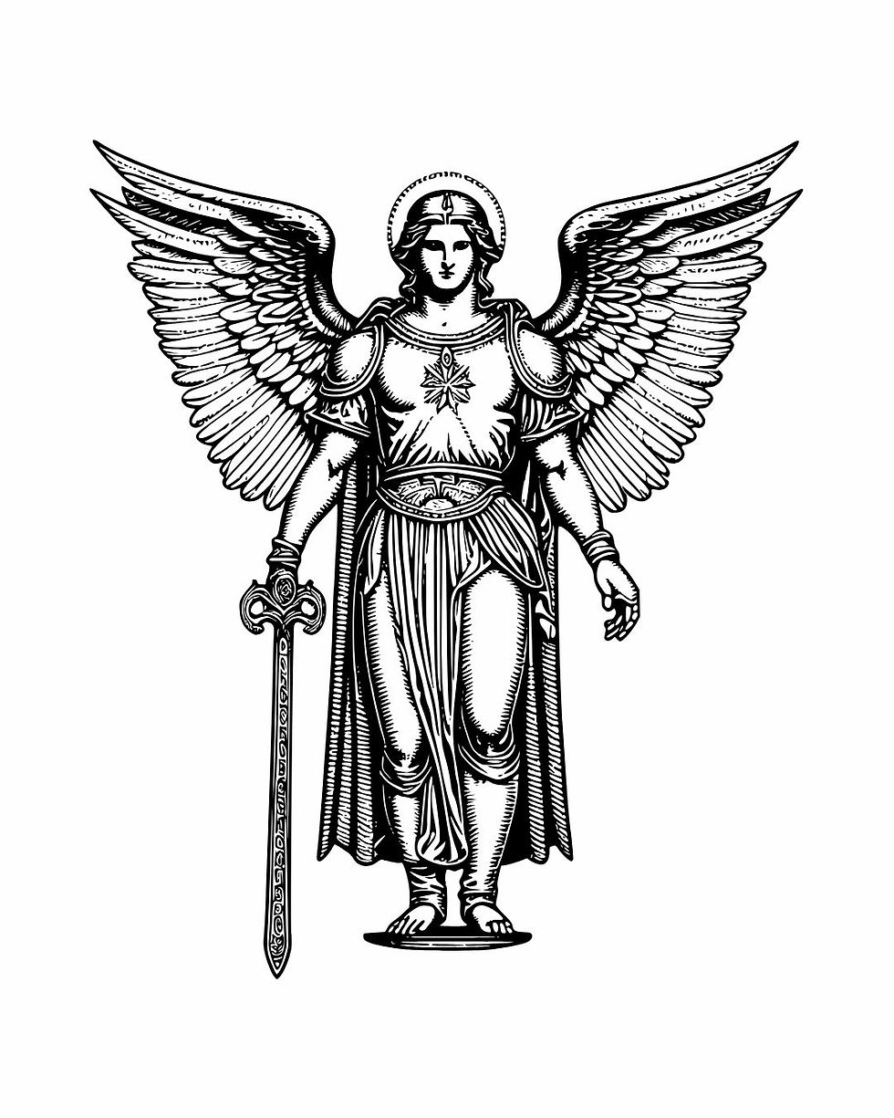 Illustration of an angel with outstretched wings holding a sword. Detailed armor features a star emblem. Black and white, serene expression.
