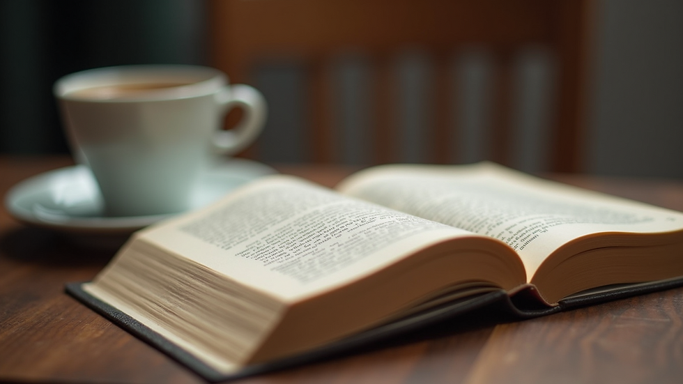 Close-up view of an open romantic novel with a coffee cup beside it