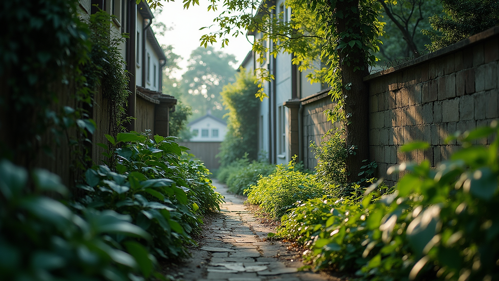 Eye-level view of an overgrown urban setting