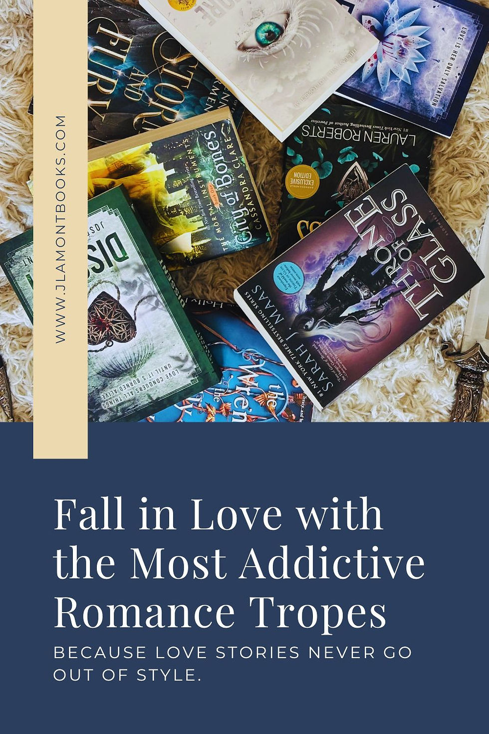 Books scattered on a rug with covers in bold colors. Text reads, "Fall in Love with the Most Addictive Romance Tropes." Website link visible.