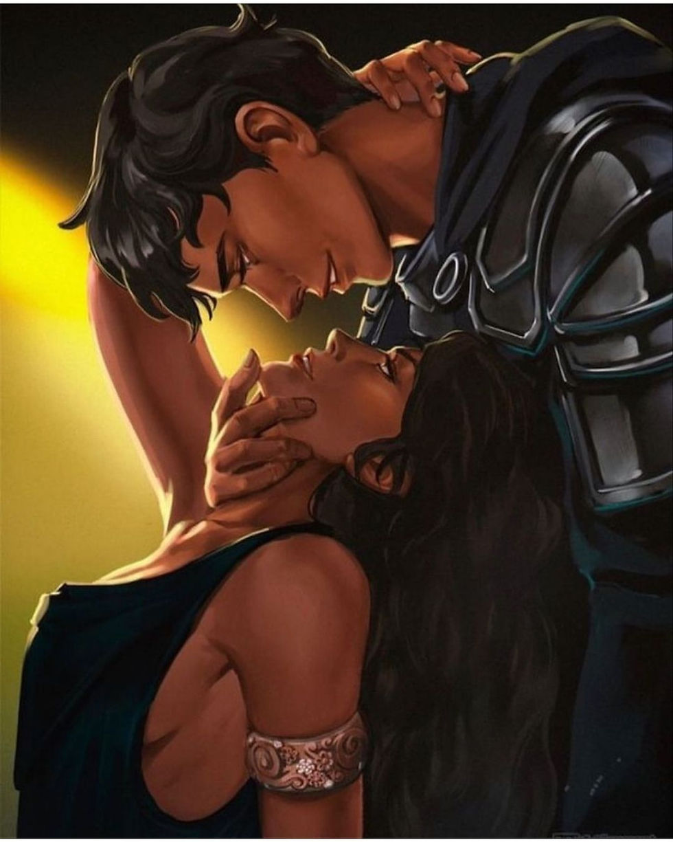 A romantic scene depicts a couple embracing, facing each other closely. They are set against a warm yellow light, evoking a tender mood.