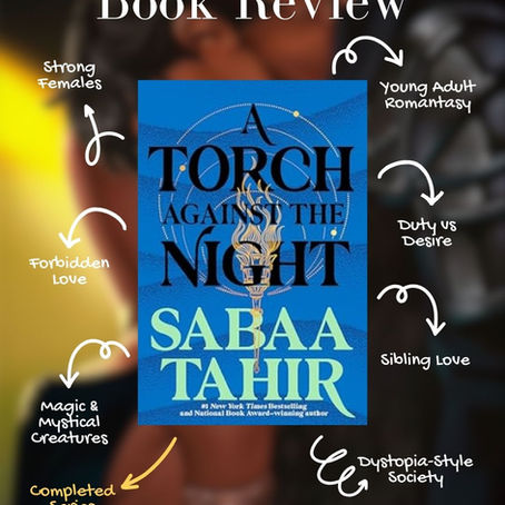 Book review titled "A Torch Against the Night" by Sabaa Tahir. Blue cover with themes like strong females and forbidden love. Text overlays.